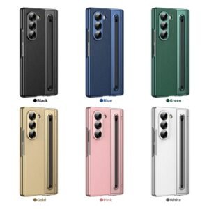 Built-in Electroplated Simple Leather Folding Phone Case with Center Axis and Pen Slot