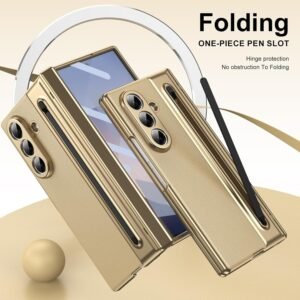 Built-in Electroplated Simple Leather Folding Phone Case with Center Axis and Pen Slot