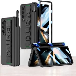 Samsung Galaxy Z Fold 4 Hinge Case with Strap, Luxury Magnetic Shockproof Cover with Screen Protector S Pen Slot