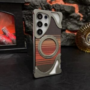Luxury Aluminum Metal Carbon Fiber Texture Magnetic Phone Case With 360° Rotation Ring Stand
