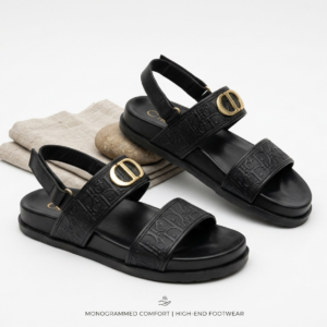 Men's Designer Style Monogrammed Slingback Sandals with Signature Gold Detail