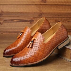 Men's Woven Faux Leather Loafers with Tassel Detail and Wooden Sole