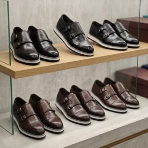 Premium Leather Double-Monk Strap Walking Shoes with Contrast Comfort Sole
