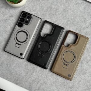 Samsung Galaxy S26 Ultra PU Leather Chrome Case with Ring Metal Stand